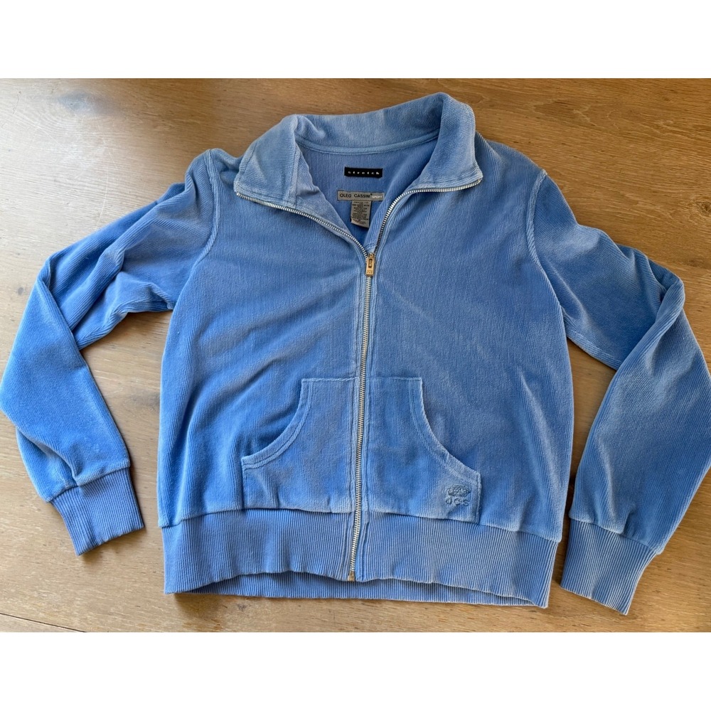 Oleg Cassini Sport Blue Velour Zip Up Hoodie Jacket Womens Medium Stretch Logo